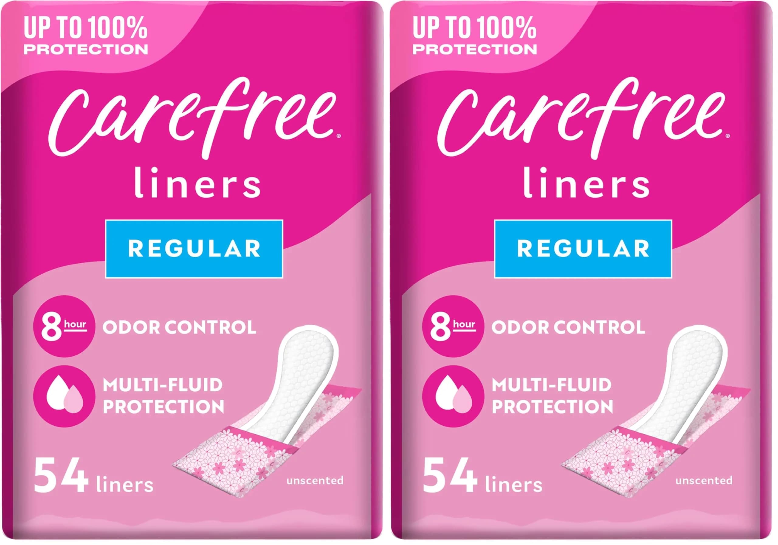 Carefree Panty Liners for Women, Regular, Wrapped, Unscented, 54 ct | Hypoallergenic & Fragrance-Free for Daily Comfort — Unscented