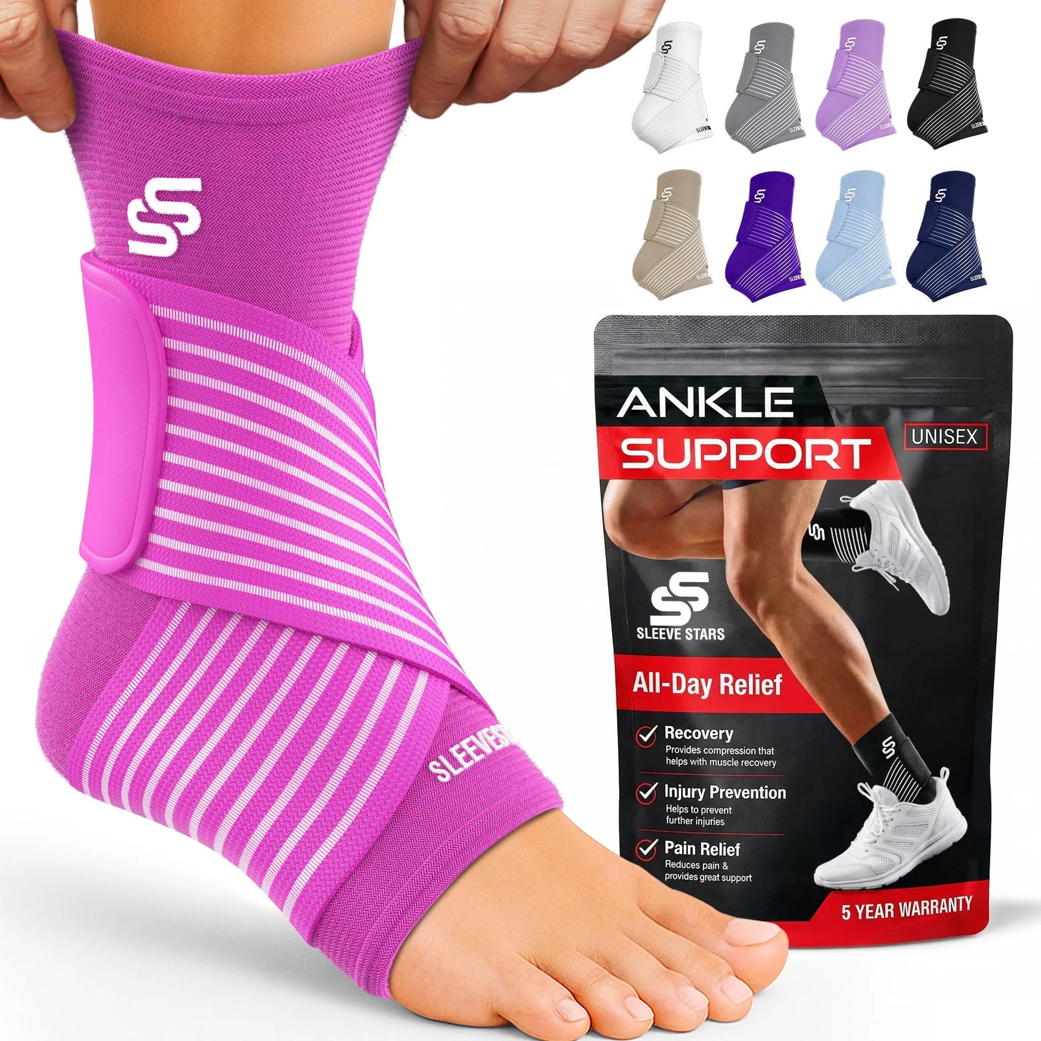 Sleeve Stars Adjustable Ankle Brace Support for Men & Women, Medium (10"-12") Hot Pink | Orthopedic Brace
