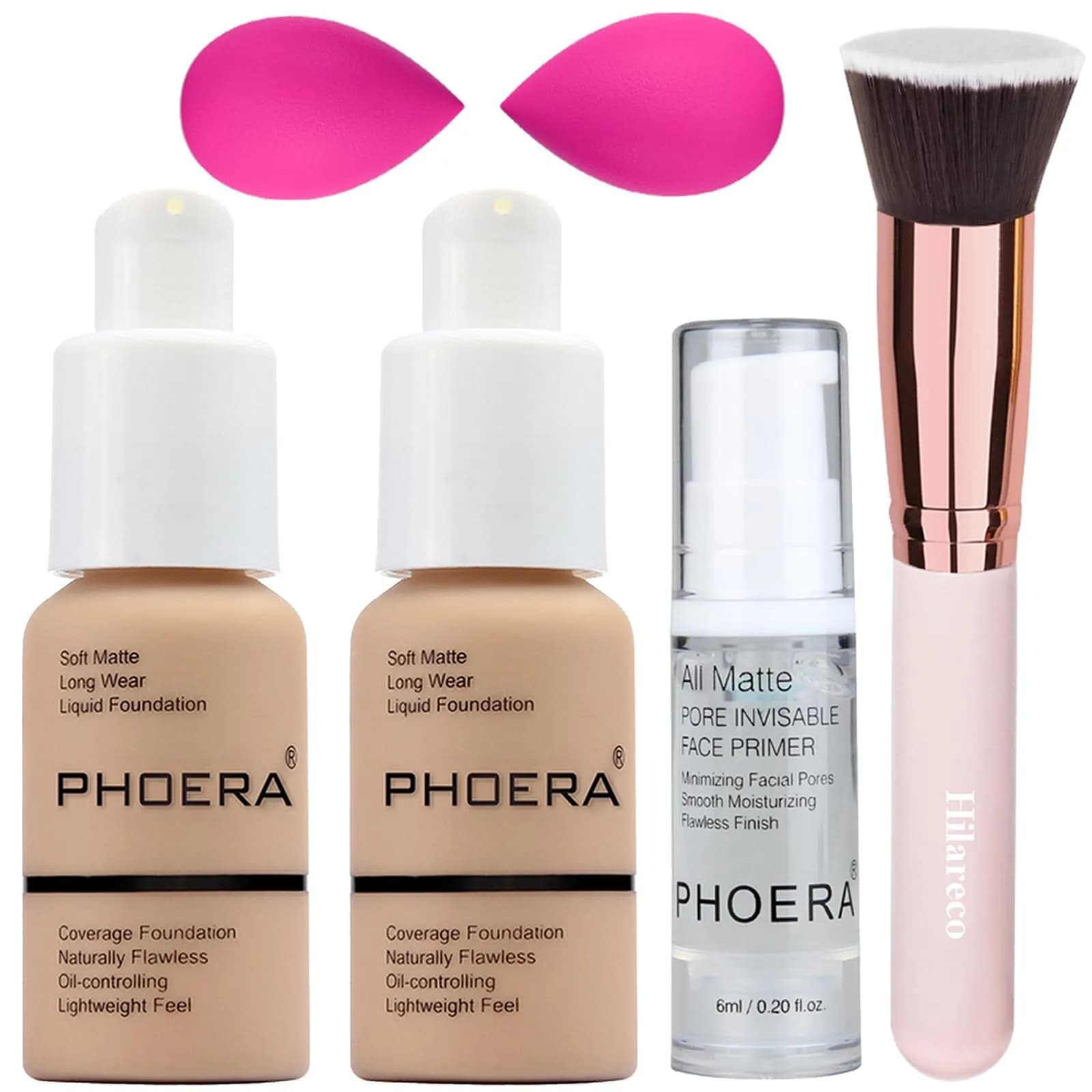 PHOERA Foundation & Primer Set with Kabuki Brushes & Sponges (Buff Beige + Sand) | Full Coverage Matte Finish — 104 Buff Beige