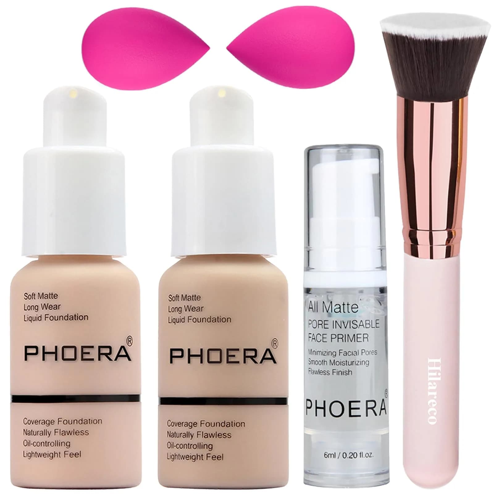 PHOERA Foundation & Primer Set with Kabuki Brushes & Sponges (Buff Beige + Sand) | Full Coverage Matte Finish — 101+102/Porcelain + Nude