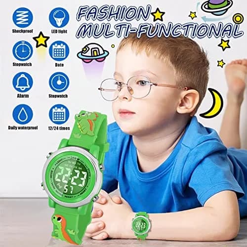 Viposoon Kids Boys Watch Waterproof Educational Toy Gift for 3-10 Years Old | Green Silicone Band with Crystal Dial & 7 Colors LED Backlight thumbnail 3