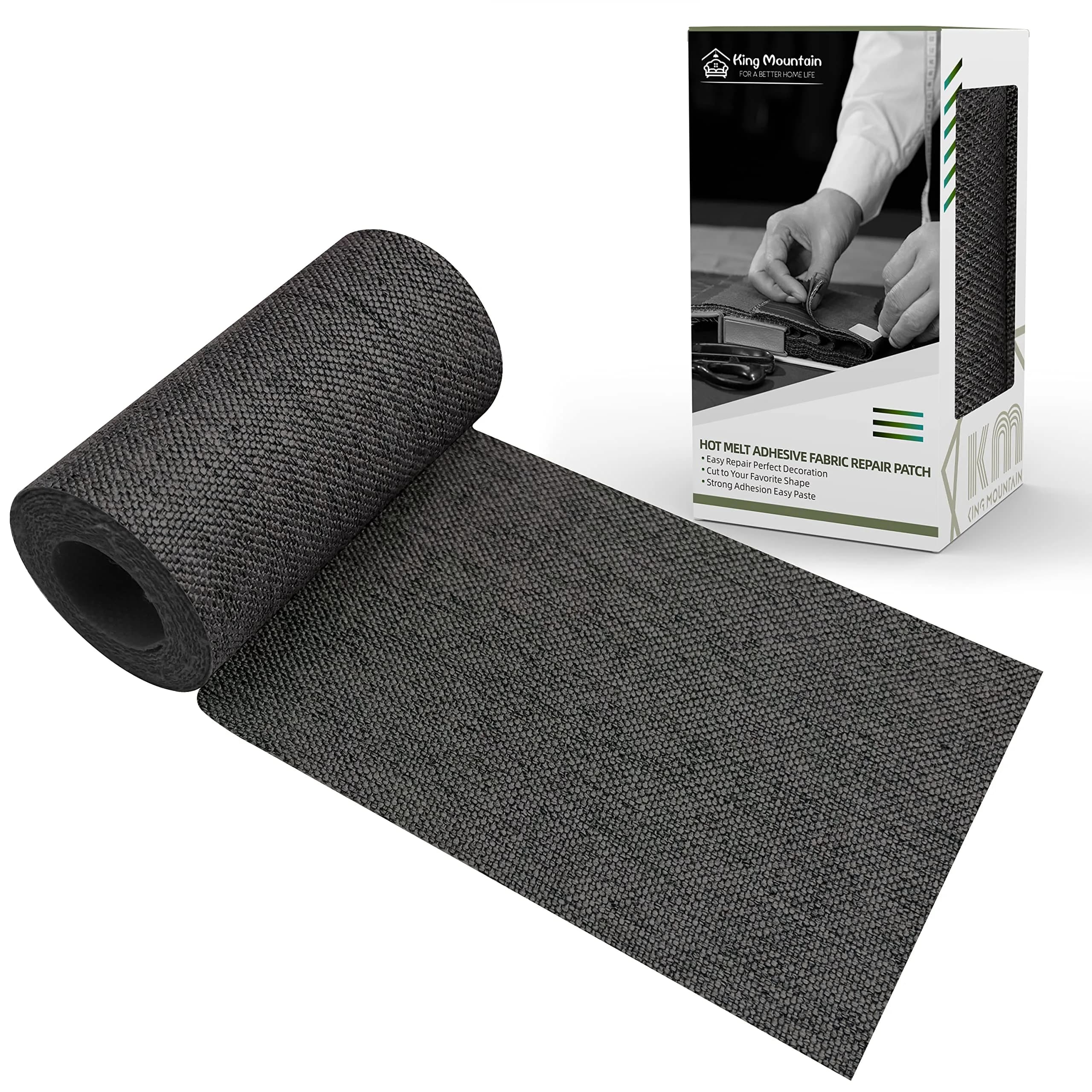 KING MOUNTAIN Premium Linen Fabric Iron-On Repair Patch, Dark Grey, 22.8 cm x 152.4 cm (3"x60") | Durable Garment Mending