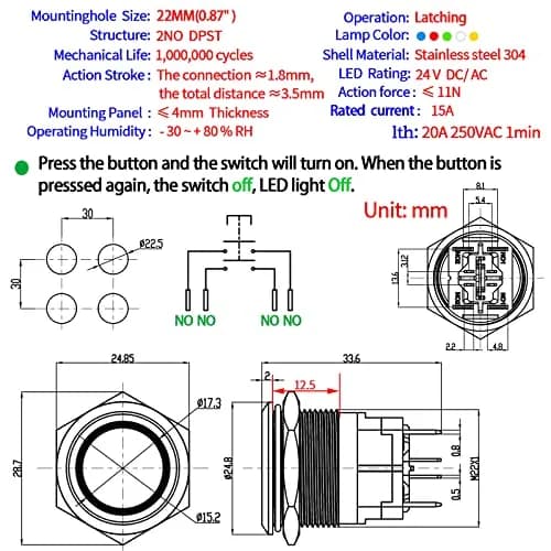 ZJWZJH 22mm Latching Push Button Switch 15A 24V Blue LED | UL Listed, IP67 Waterproof, Stainless Steel thumbnail 2