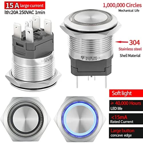 ZJWZJH 22mm Latching Push Button Switch 15A 24V Blue LED | UL Listed, IP67 Waterproof, Stainless Steel thumbnail 3