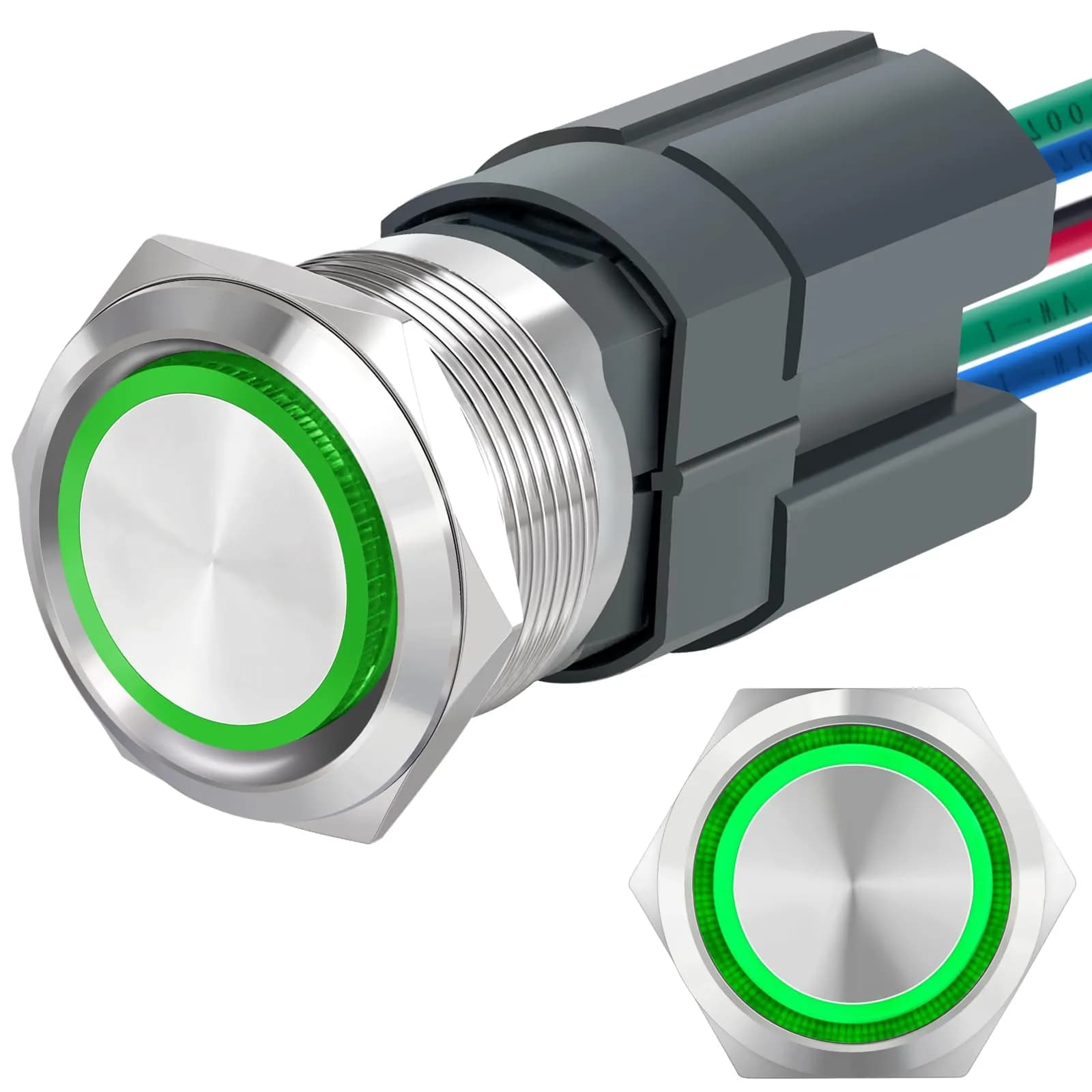 ZJWZJH 22mm Latching Push Button Switch 15A 24V White LED | UL Listed Waterproof Stainless Steel — Green / Latching 24V