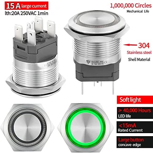 ZJWZJH 22mm Latching Push Button Switch 25mm (0.98") | UL Listed 15A Waterproof Green LED thumbnail 3