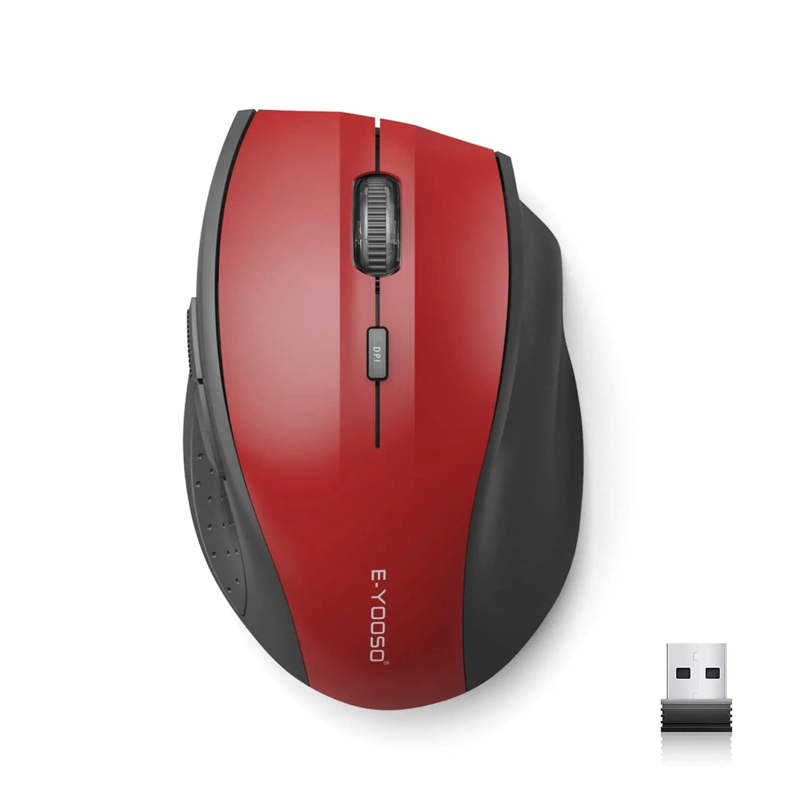 E-YOOSO Wireless Mouse for Laptop, Portable Optical Computer Mouse, 6 Buttons, 2.4GHz, 5-Level 4800 DPI, 18 Months Battery Life — Red / USB