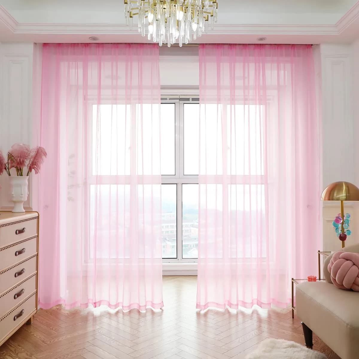 PHILEASY Pink Sheer Curtains 120" Long - Pack of 2 Light-Filtering Rod Pocket Panels