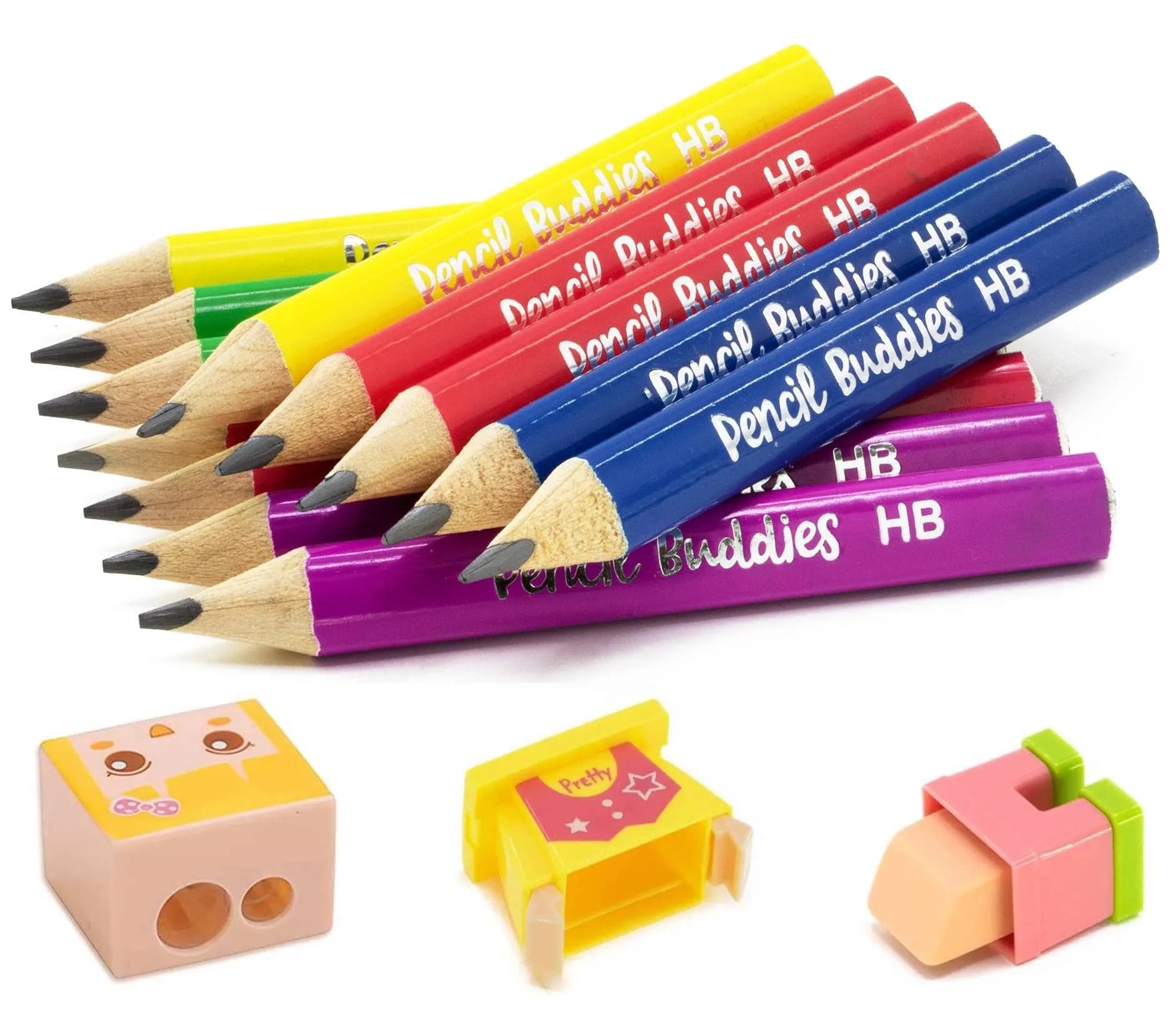 Pencil Buddies Short Jumbo Pencils for Kids | 12 Fat #2 Pencils with Triangle Grip, 1 Sharpener & Eraser (Color DIY)
