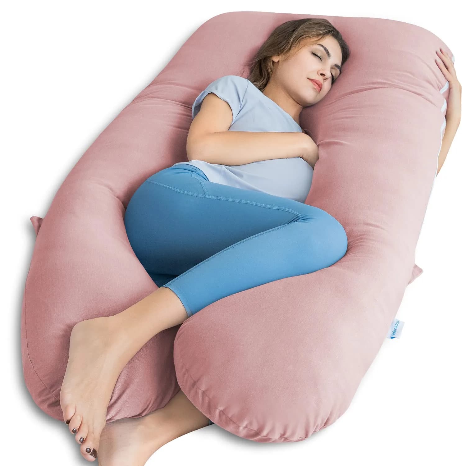 QUEEN ROSE Cooling U-Shaped Pregnancy Pillow 55in (140cm) with Cooling Silky Jersey Cover | Full Body Maternity Support Pillow — Pink
