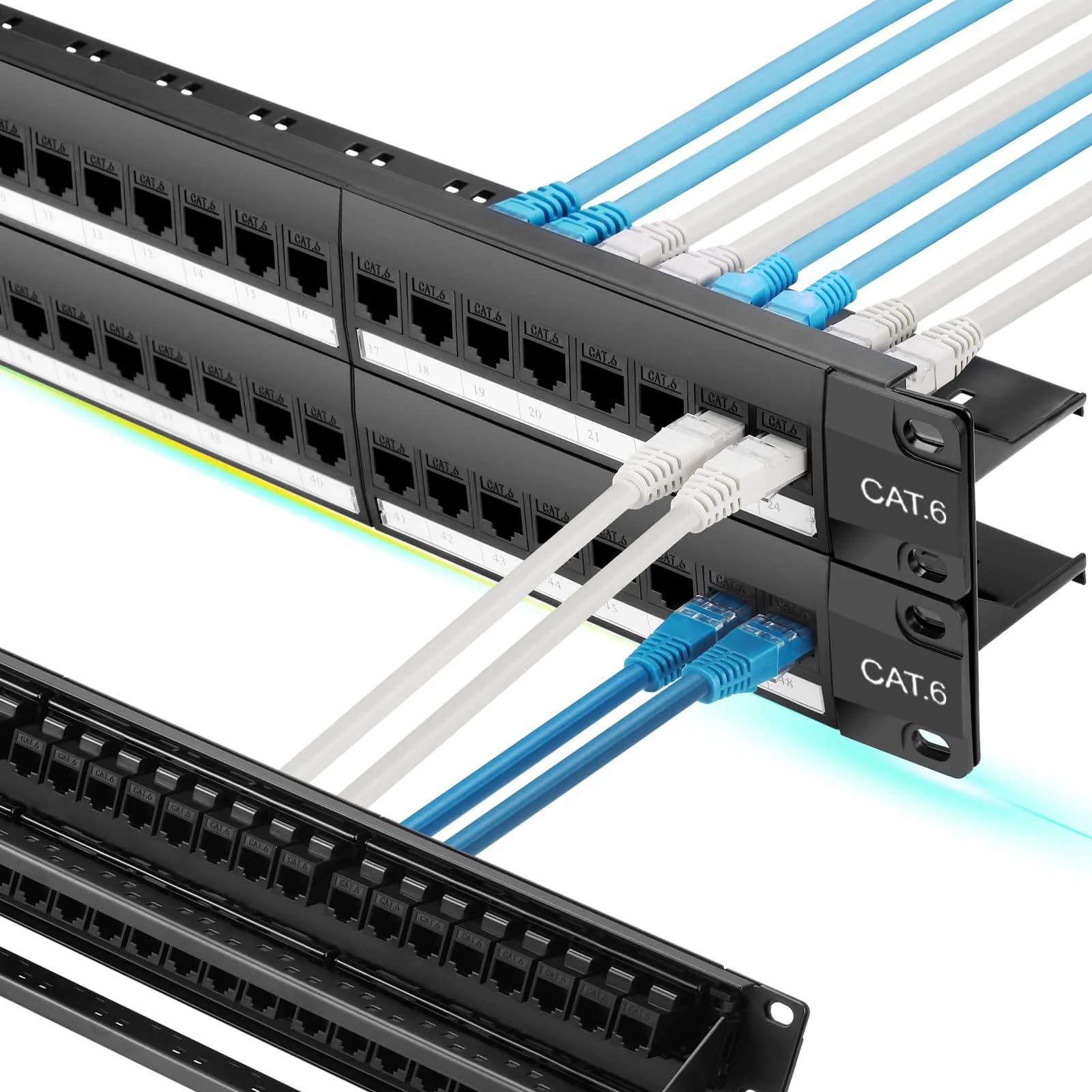 Rapink Patch Panel 24 Port Cat6A 10G Support | Toolless, Pass-Thru, Gold Pins, Removable Back Bar — Black / 48 Port / CAT6