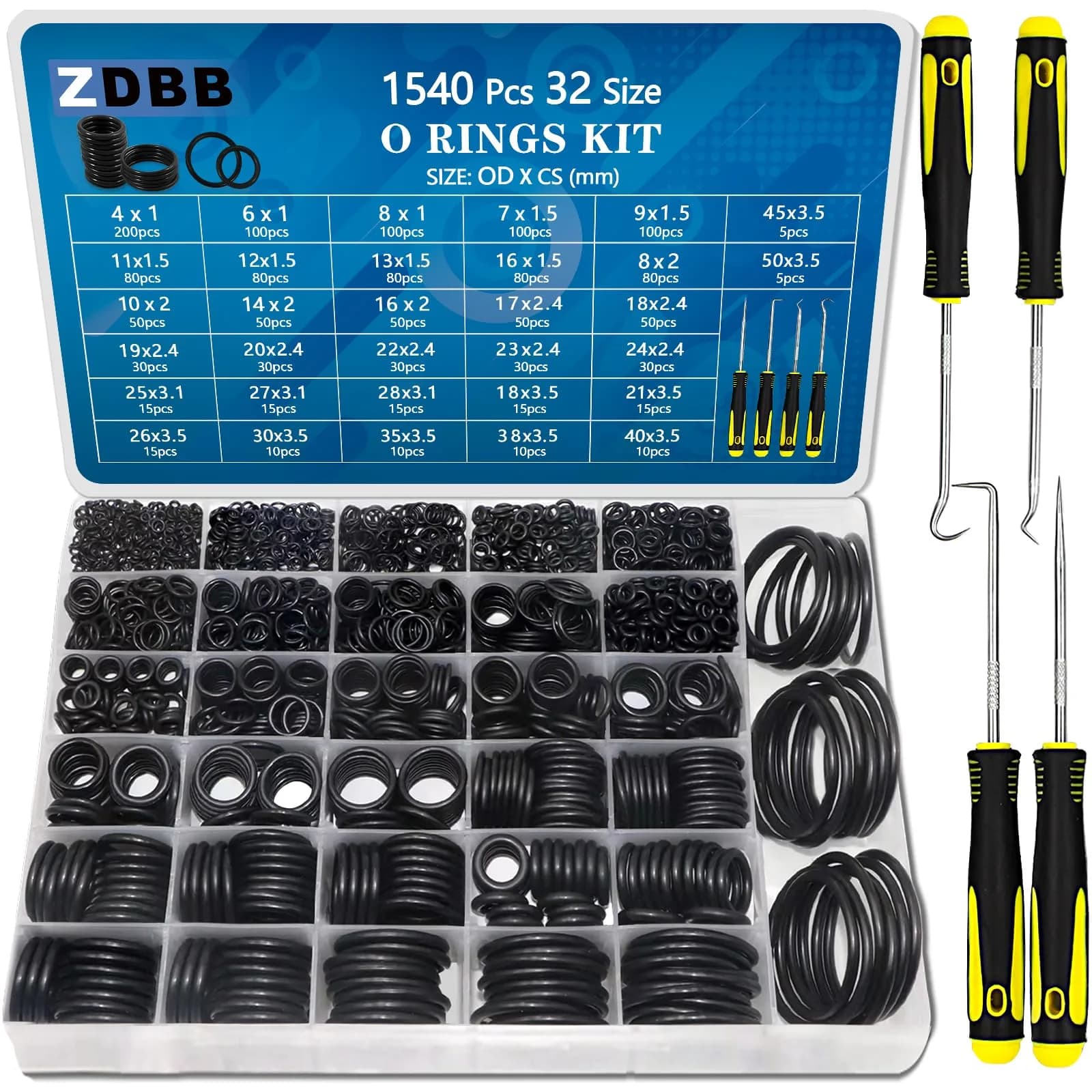 ZDBB Black Rubber O Ring Set 1120 Pcs | Assorted Metric Sealing Washers for Plumbing and Auto Repair — OD Metric 32 Size with Pick 1540 Pc