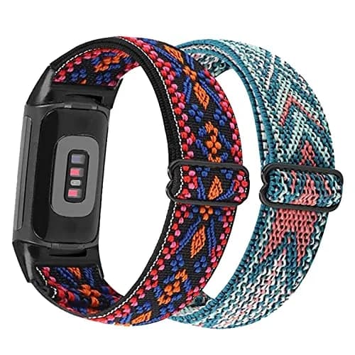 Abanen Elastic Bands for Fitbit Charge 5 & 6 | Breathable Nylon Strap with Adjustable Clasp (Blue Pink-Red Orange, 220mm) thumbnail 1