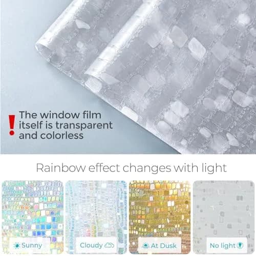 Beautysaid Window Privacy Film Stained Glass 3D Rainbow (Pure,17.5x78.7in) | UV Block & Privacy with Easy Reapplication thumbnail 7