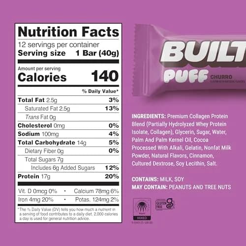 BUILT Puff Protein Bars Churro 12 Count (Pack of 1) | 17g Protein Snack Bar for All-Day Energy thumbnail 4
