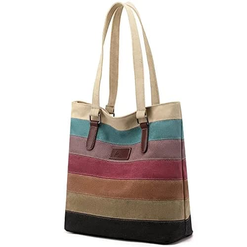 SNUG STAR Canvas Handbag Multi-Color Striped Lattice Cross Body Shoulder Purse Bag Tote-Handbag for Women (Multi Color E) 34cm (13.39in) H thumbnail 1