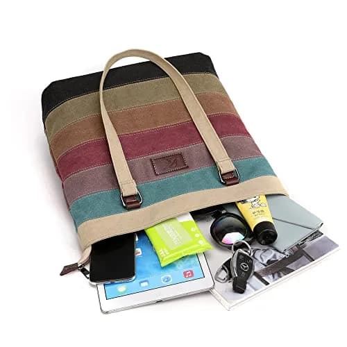 SNUG STAR Canvas Handbag Multi-Color Striped Lattice Cross Body Shoulder Purse Bag Tote-Handbag for Women (Multi Color E) 34cm (13.39in) H thumbnail 5