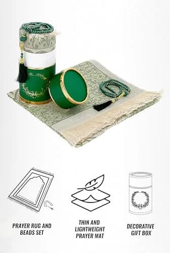 ihvan online Muslim Prayer Rug and Prayer Beads | Soft Taffeta Fabric, Green, Portable, Ideal Gift (70-120 chars) thumbnail 3