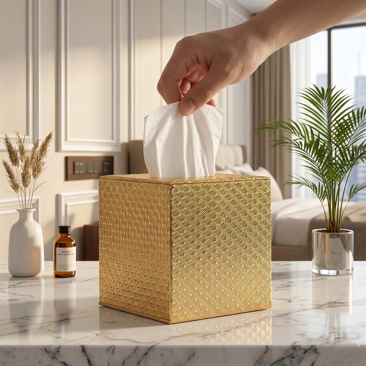 SUNYUROU Gold Square Tissue Box Cover for Bathrooms & Desks | 14cm x 13.1cm x 14.3cm - main product image