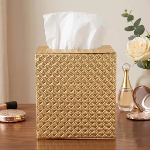SUNYUROU Gold Square Tissue Box Cover for Bathrooms & Desks | 14cm x 13.1cm x 14.3cm thumbnail 2