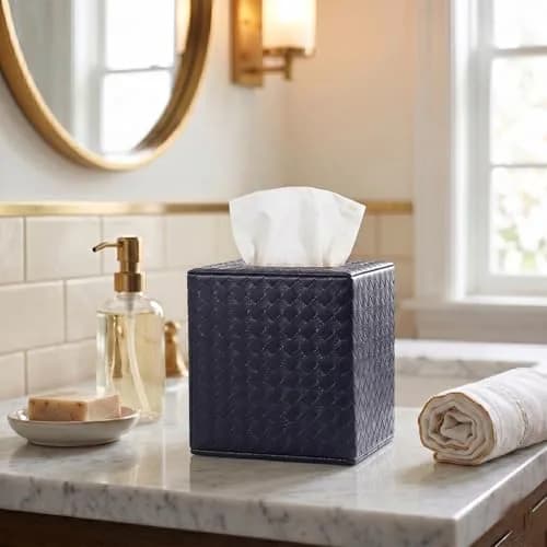 SUNYUROU Black Square Tissue Box Cover | PU Leather & Wood, Magnetic Closure thumbnail 4