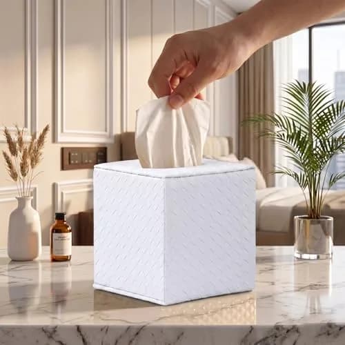 SUNYUROU White Square Tissue Box Cover | PU Leather & Solid Wood Holder for Bathroom Countertops thumbnail 1