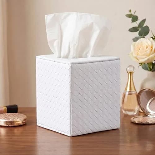SUNYUROU White Square Tissue Box Cover | PU Leather & Solid Wood Holder for Bathroom Countertops thumbnail 3