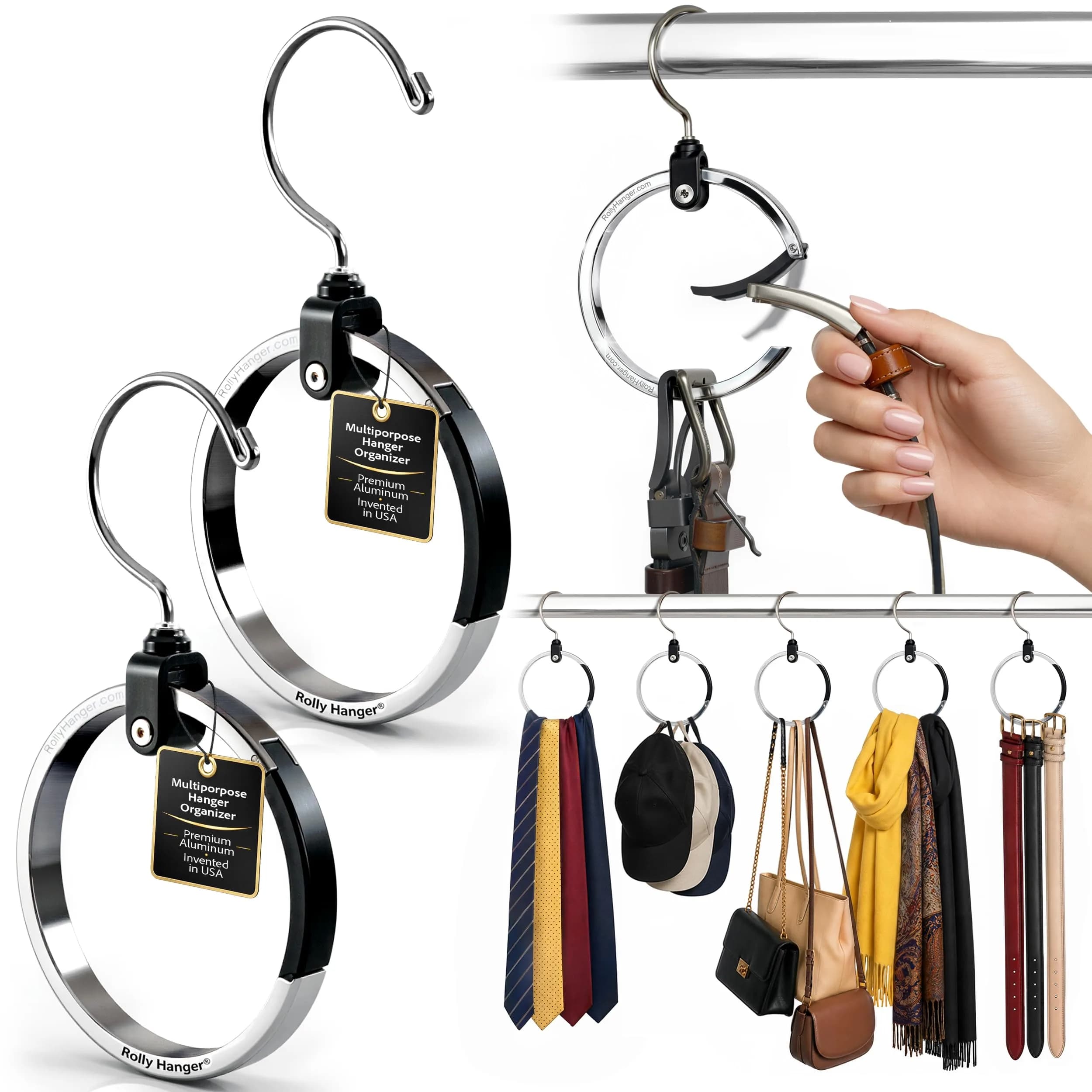 Rolly Hanger Rotating Closet Organizer, Aluminum Ring Accessory Hanger with 360° Swivel Hook & Spring Latch, Space Saving Holder for Belts, Hats, Ties, Scarves, Purses & Handbags (2 Pack) - main product image