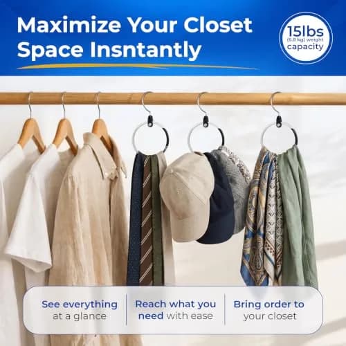 Rolly Hanger Rotating Closet Organizer, Aluminum Ring Accessory Hanger with 360° Swivel Hook & Spring Latch, Space Saving Holder for Belts, Hats, Ties, Scarves, Purses & Handbags (2 Pack) thumbnail 4