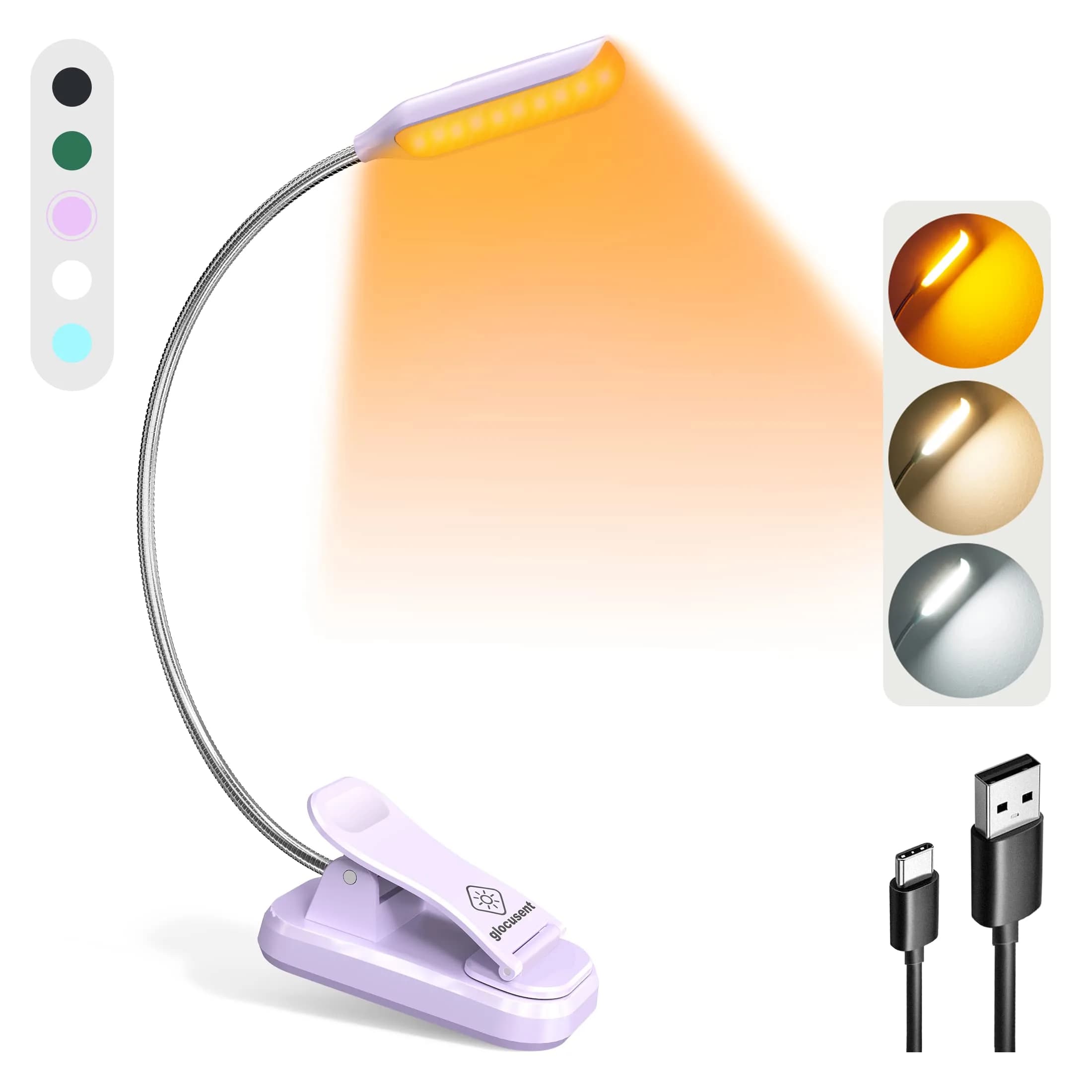 Glocusent Willow Book Light for Reading in Bed, 10 LED Bright Reading Light, 45g (1.4oz) | 3 Color Temps & 3 Brightness Levels — Purple