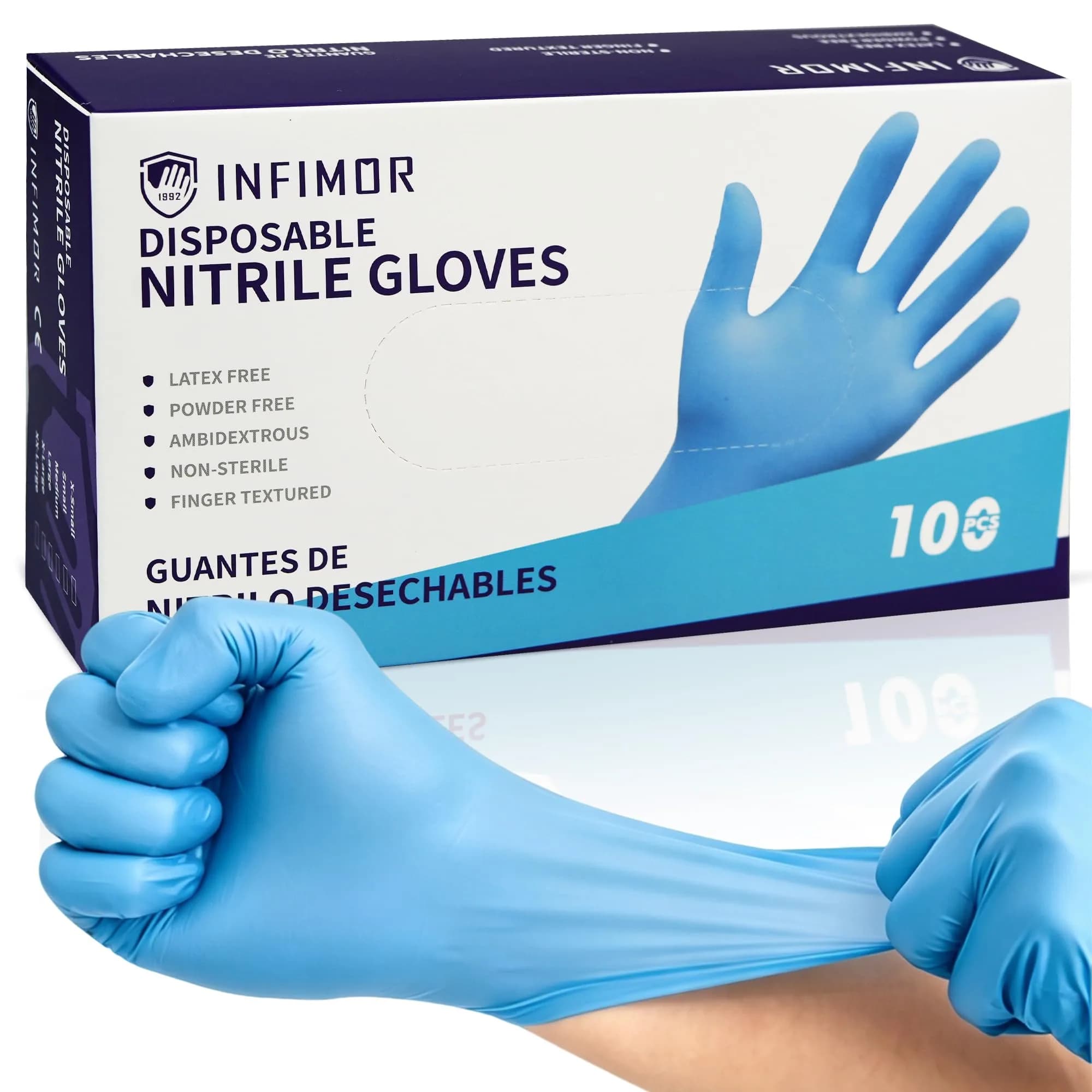 Infimor Blue Nitrile Gloves 3 mil Disposable Gloves, 100 Count (Large) — Medium