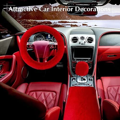 ZYNQACC Fluffy Steering Wheel Cover Set | Warm Soft Fuzzy Car Accessories for Women/Girls (15 Inch, Red) thumbnail 6