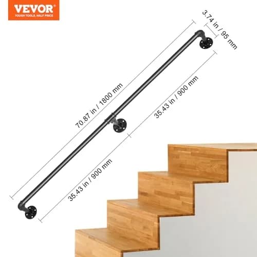 VEVOR Pipe Stair Handrail 6FT | Industrial Carbon Steel Wall Mount Support, 440LBS Load Capacity, Indoor & Outdoor Use thumbnail 7