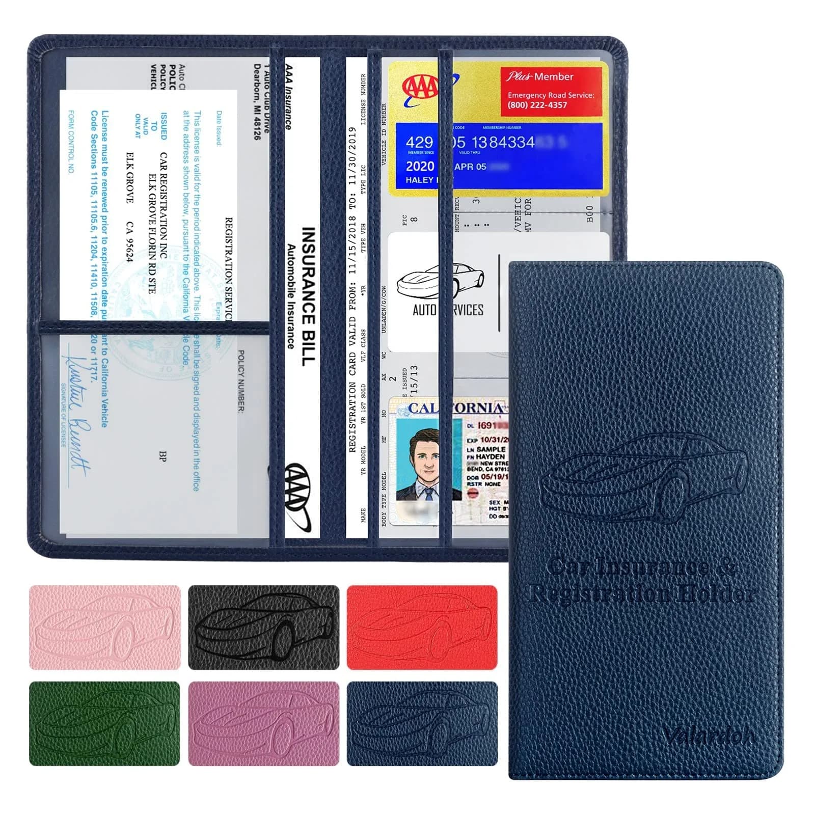 Valardoh Premium PU Leather Car Document Holder with Magnetic Closure & 6 Pockets | 24cm x 13cm (9.5" x 5.1") Black — Deep Blue