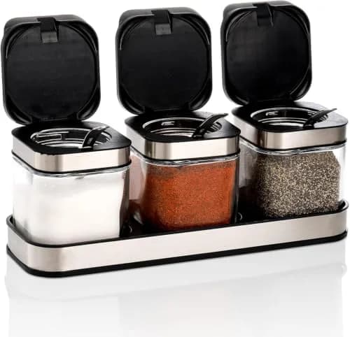 DEAYOU 3 Pack Glass Seasoning Box with Tray | Clear Condiment Canisters with Stainless Steel Lid & Spoon thumbnail 1