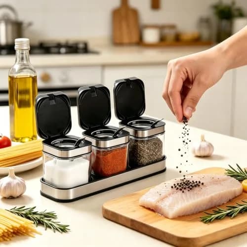 DEAYOU 3 Pack Glass Seasoning Box with Tray | Clear Condiment Canisters with Stainless Steel Lid & Spoon thumbnail 8