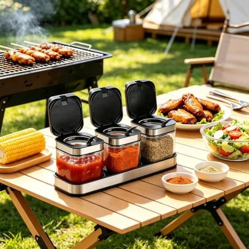 DEAYOU 3 Pack Glass Seasoning Box with Tray | Clear Condiment Canisters with Stainless Steel Lid & Spoon thumbnail 9