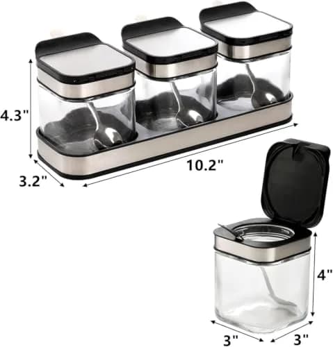 DEAYOU 3 Pack Glass Seasoning Box with Tray | Clear Condiment Canisters with Stainless Steel Lid & Spoon thumbnail 2