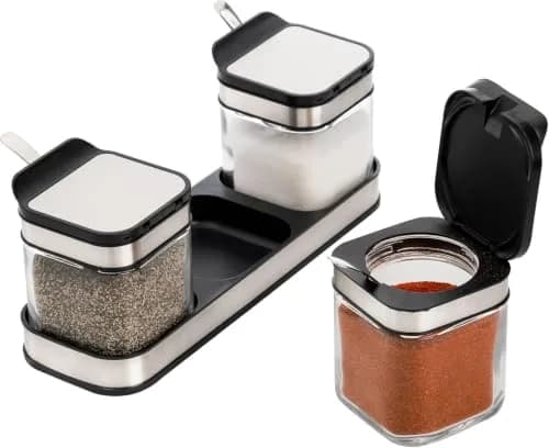DEAYOU 3 Pack Glass Seasoning Box with Tray | Clear Condiment Canisters with Stainless Steel Lid & Spoon thumbnail 4