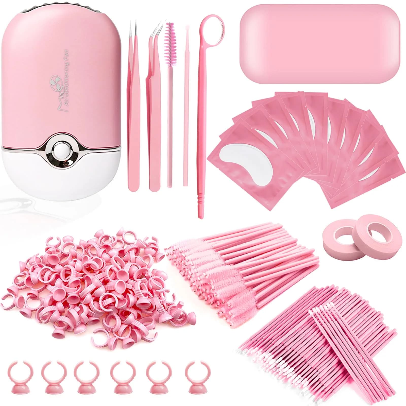 QUKLOGEN Eyelash Extension Kit with USB Fan Dryer & 267 Tools | Black — Pink a