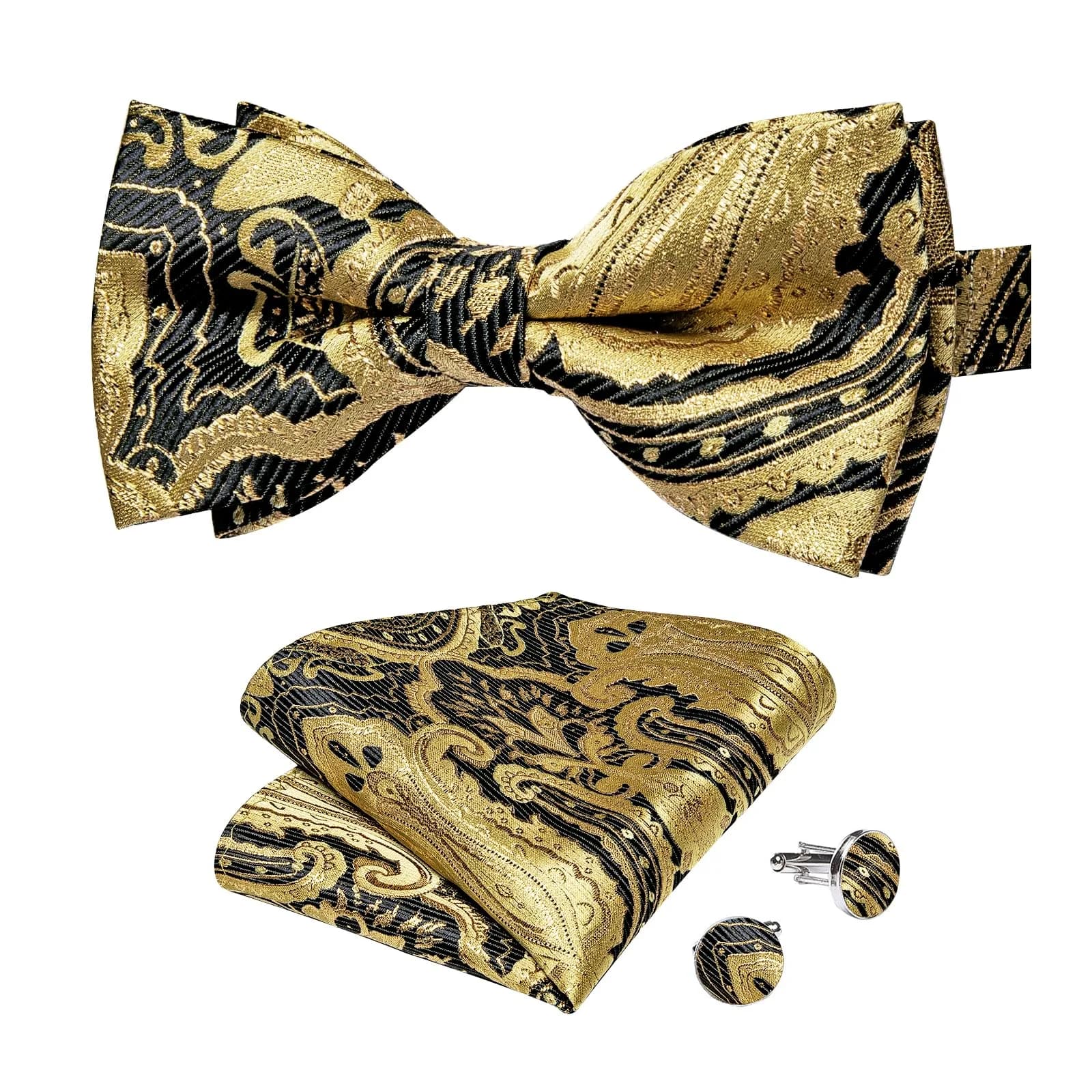 DiBanGu Silk Bow Tie Pre Tied Bowtie Set for Men In Gift Box, Gold | Adjustable Classic Pattern — 07-gold Black