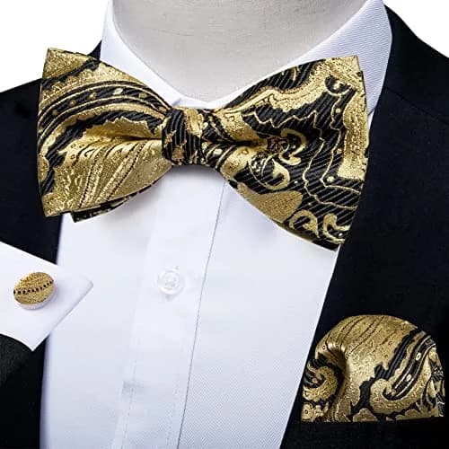 DiBanGu Silk Bow Tie Pre-Tied Bowtie Set for Men In Gift Box,Gold Black | Adjustable Classic Pattern thumbnail 2