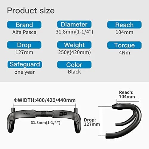 Alfa Pasca 31.8 x 400mm Black UD Matte Carbon Fiber Aero Road Bike Handlebars thumbnail 2