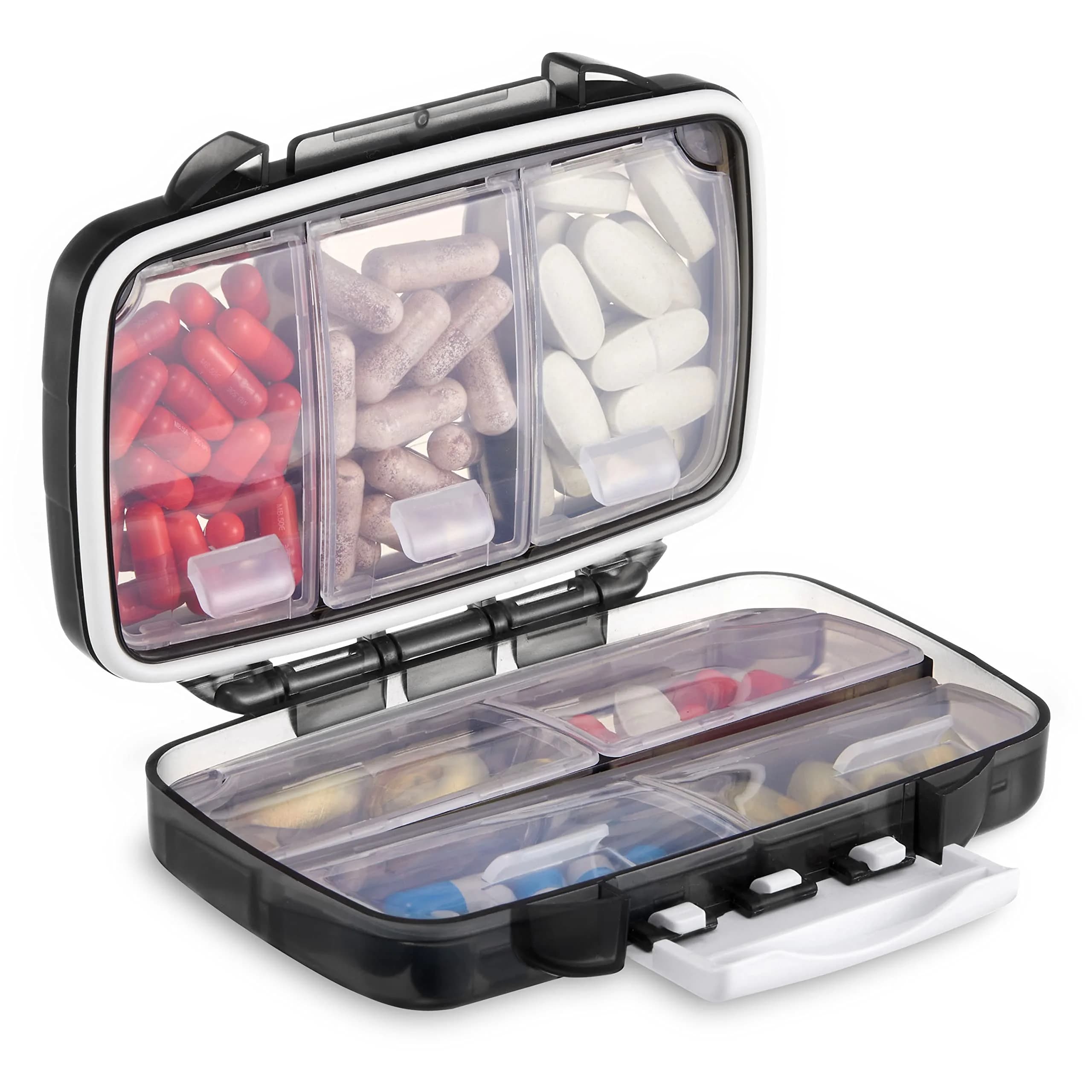 Fullicon Moistureproof Airtight Pill Organizer, Portable, 7 Compartment | Moistureproof & Double Lock for Travel & Daily Use — Black