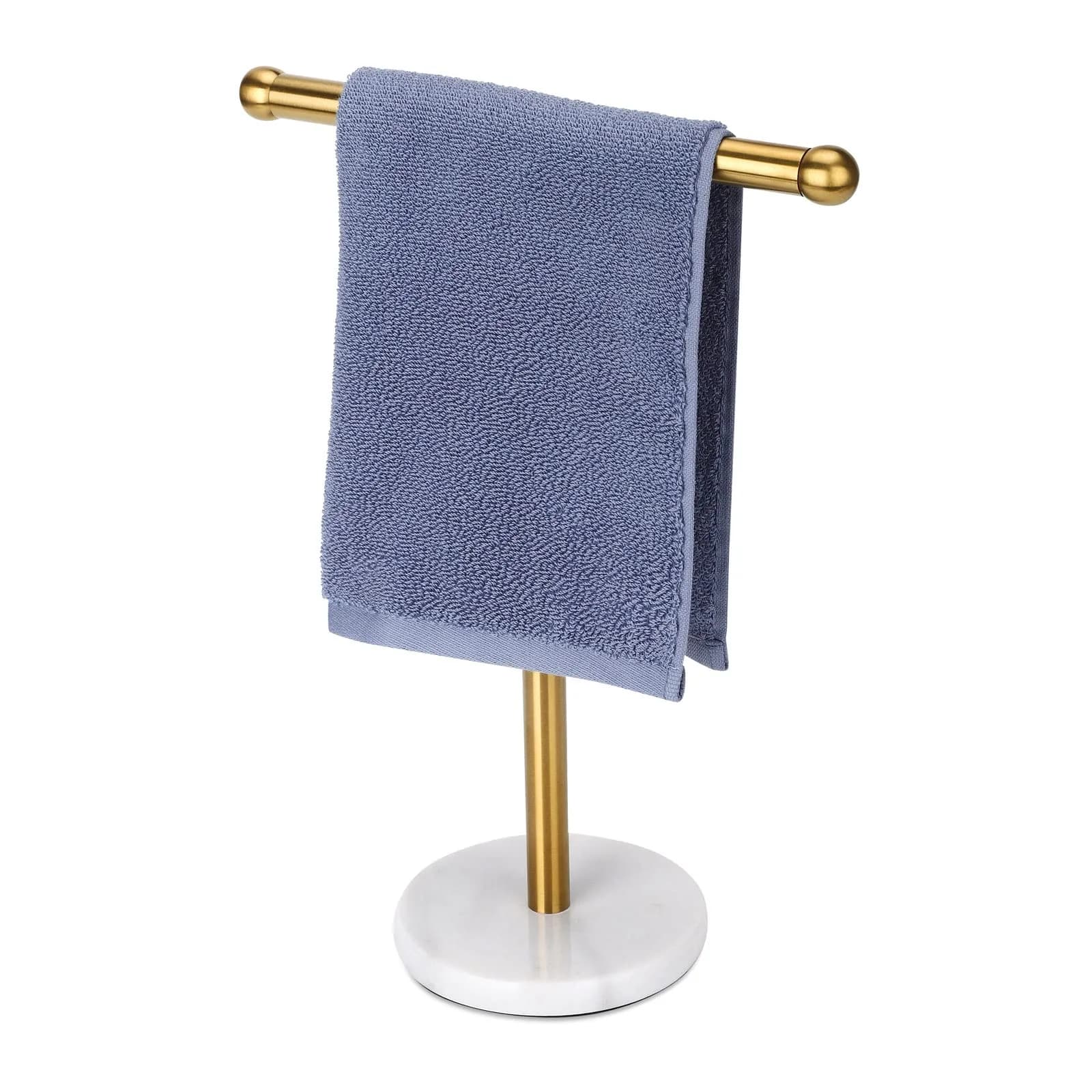 WAYDELI Gold Hand Towel Holder Stand with Marble Base | T-Shape Stainless Steel Rack