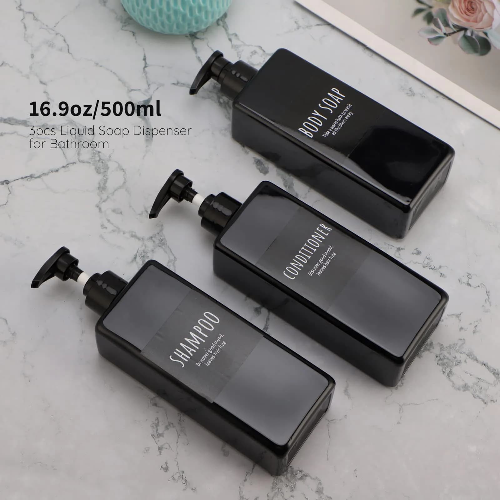 Segbeauty 3-Piece 500ml Pump Dispenser Set | Leak-Proof & Refillable for Bathroom & Travel — Black / 500ml thumbnail 2