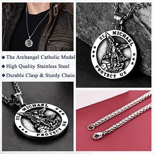FaithHeart Saint Michael Pendant Necklace for Men with 22"+2" Wheat Chain | Archangel Protection Amulet thumbnail 5