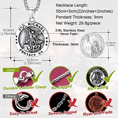 FaithHeart Saint Michael Pendant Necklace for Men with 22"+2" Wheat Chain | Archangel Protection Amulet thumbnail 6