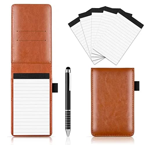 Xhwykzz Pocket Notepad Holder Set with Pen, 7 Pcs Brown PU Leather Executive Notebooks | 3x5 Inch Lined Journals thumbnail 1