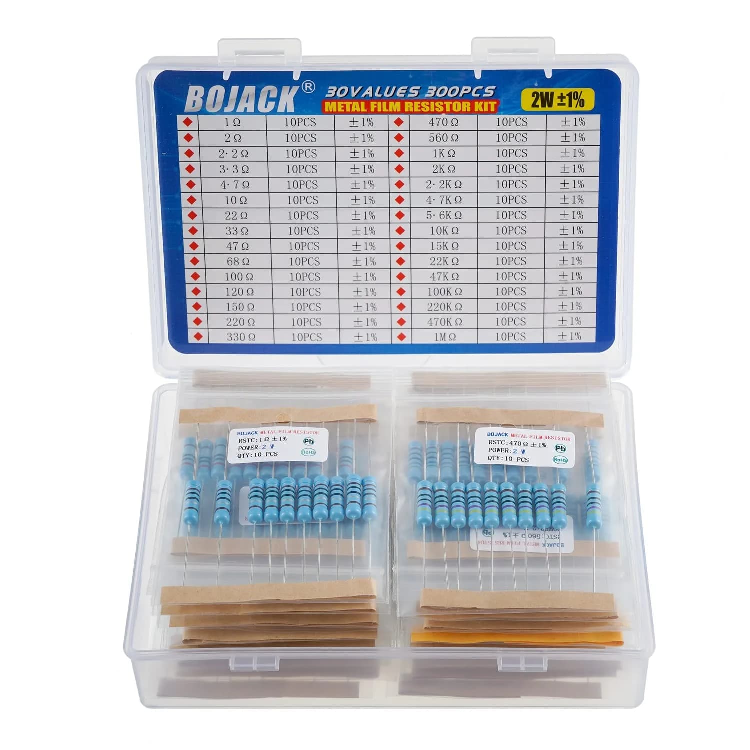 BOJACK Resistor Kit 300 Pcs 30 Values 1Ω - 1MΩ | 2W Metal Film Assortment - main product image